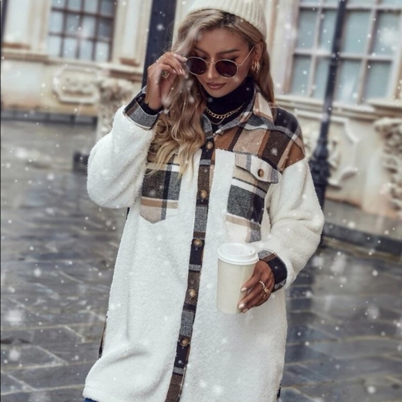 New plaid white button down Teddy jacket - Picture 3 of 8